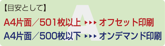 目安として、A4片面/1,000枚以上はオフセット印刷。A4片面/300枚以下はオンデマンド印刷。 目安として、A4片面/1,000枚以上はオフセット印刷。A4片面/300枚以下はオンデマンド印刷。